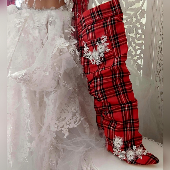 The "MARY STEWART" Scotland Inspired Red Plaid & Lace Thigh Boots - Picture 7 of 10
